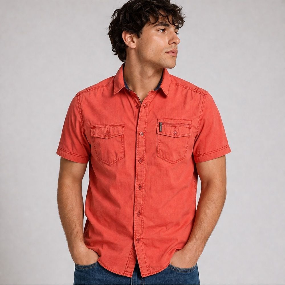 a.n.a Men's Short-Sleeve Button-Down Shirt in Coral Red